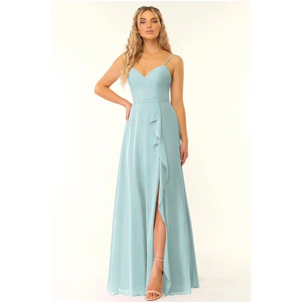 Azazie Womens Size A14 Mist Blue Naeem Chiffon Bridesmaid Maxi Dress Ruffle Slit
